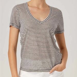 Sundays linen Black and White Striped V-Neck Tee
